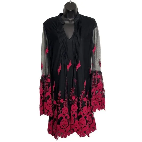 Black & Red Embroidered Long Sleeve Tunic Dress By Niza Size 38 Sheer Sleeve - Picture 1 of 12
